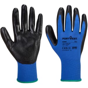 A pair of Dexti-Grip gloves featuring a blue fabric and black coated palm, with a green wrist trim.