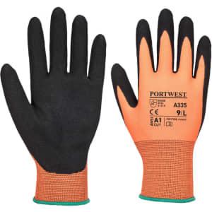 A pair of orange and black nitrile gloves with a textured grip and a branded logo.