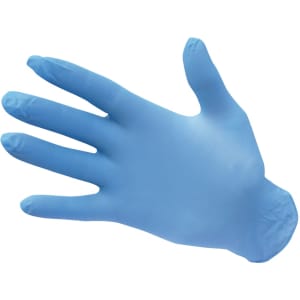 A blue nitrile disposable glove laid flat, featuring a smooth texture and finger contours.