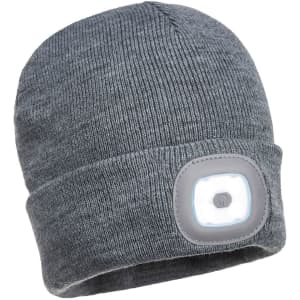 A grey knitted beanie featuring a built-in LED light, with a small logo on the side.