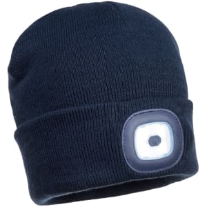 A navy blue beanie featuring a built-in rechargeable LED light and a branding logo.