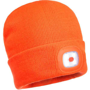 An orange rechargeable LED beanie with a front light and a logo on the side.
