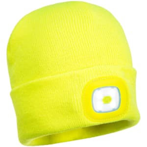A bright yellow rechargeable LED beanie featuring a built-in light and logo. Ideal for outdoor activities.