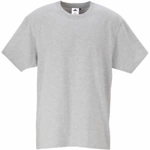 A grey premium T-shirt with short sleeves and a crew neckline, featuring a brand logo.