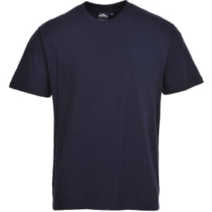A navy blue Turin Premium T-Shirt with a round neckline and short sleeves, featuring a logo on the tag.