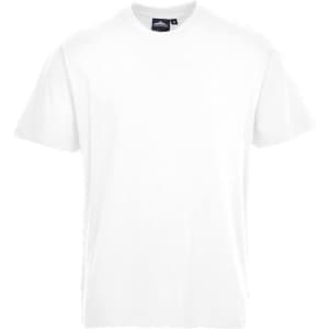 A plain white short-sleeve t-shirt with a label and logo. Ideal for casual wear.