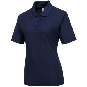 A navy blue women's polo shirt with short sleeves and a classic collar, featuring a logo on the chest.