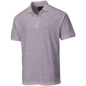 A grey polo shirt with a collar, short sleeves, and a logo on the label. Classic and versatile design.