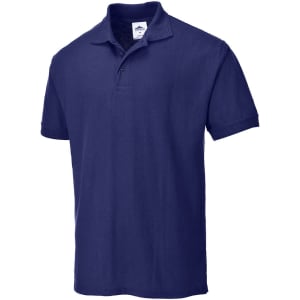 A navy blue polo shirt with a collar and three-button placket; features a logo on the chest.