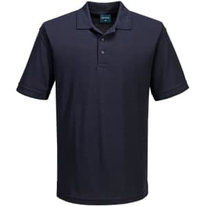 A navy blue short-sleeve polo shirt with a collar and button placket, featuring a logo on the chest.