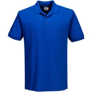 A blue polo shirt featuring a three-button placket and a collar, with a logo on the chest.