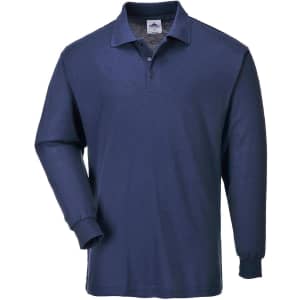 A long sleeved polo shirt in navy blue, featuring a collar and a logo on the chest.