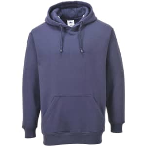 A navy blue hoodie featuring a front pocket and a drawstring hood. It has a logo on the label.