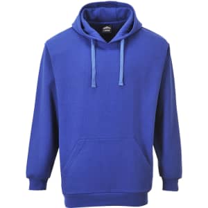 A blue Roma Hoodie featuring a front pocket and a drawstring hood, with a logo on the inside label.