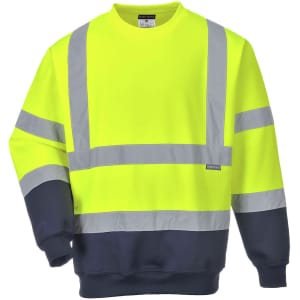 A bright yellow sweatshirt with navy blue accents and reflective strips, featuring a logo on the front.