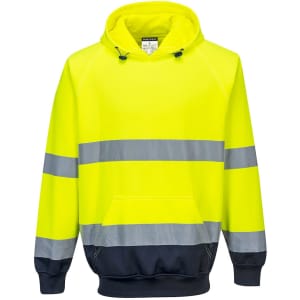 Hi-Vis two-tone hooded sweater in bright yellow with grey reflective stripes and navy blue accents. Features a logo.