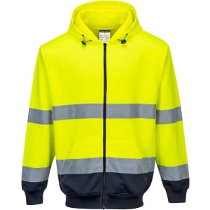 A bright yellow and navy zip-front hoodie with reflective stripes and a hood. It features a logo on the front.