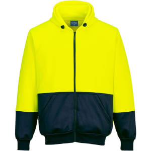 A bright yellow and navy two-tone zip hoodie featuring a hood and front pockets. It has a logo on the chest.
