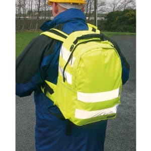 A bright yellow rucksack with reflective stripes, worn on a person's back. It has shoulder straps and a logo.