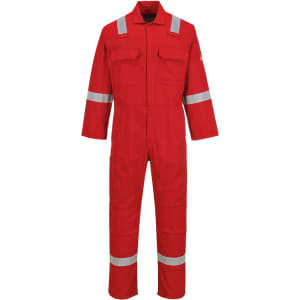 A red coverall with reflective stripes, featuring two front pockets and long sleeves, suitable for work uniforms.