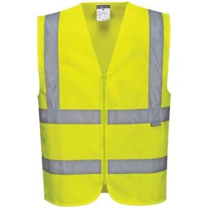 A bright yellow zipped vest with reflective grey stripes and a label. It has a sleeveless design suitable for workwear.