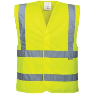 A high-visibility vest in bright yellow with reflective grey stripes, featuring a logo on the side.