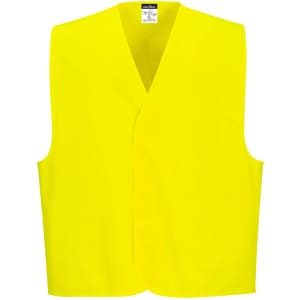 A bright yellow Hi-Vis vest with a simple sleeveless design and a label inside.