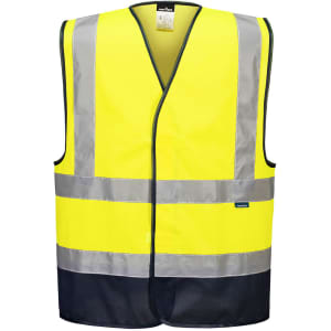 A bright yellow hi-vis vest with navy contrast and reflective strips, featuring a logo on the side.