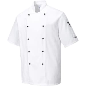 A white chef's jacket featuring short sleeves, black buttons, and a logo on the sleeve.