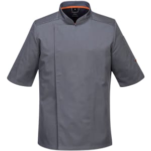 A short-sleeved grey chef jacket with an orange accent and a logo on the chest area.