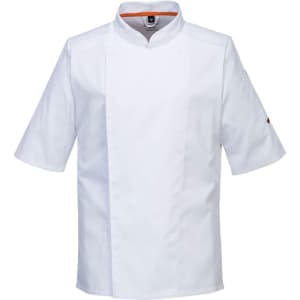 A white chef's jacket with short sleeves and an orange accent, featuring a logo on the sleeve.