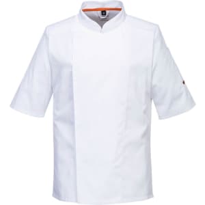 A white short-sleeve chef jacket with a stand-up collar and an orange accent, featuring a logo on one sleeve.