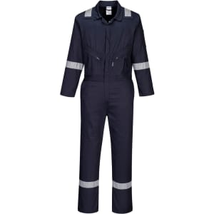 A navy cotton coverall with reflective stripes, featuring a zip front and multiple pockets. It has a logo on the sleeve.