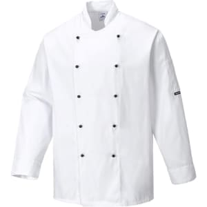 A white chef jacket with a double-breasted design and black buttons, featuring a logo on one sleeve.