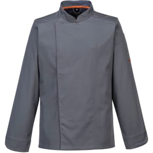 A grey long-sleeve jacket featuring a high collar and a logo, suitable for various casual settings.