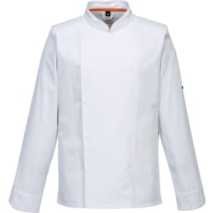 A white chef jacket with long sleeves and a stand-up collar. It features a logo on one sleeve.
