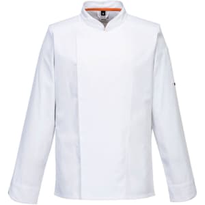 A white chef jacket with long sleeves and a stand-up collar, featuring a logo on one sleeve.