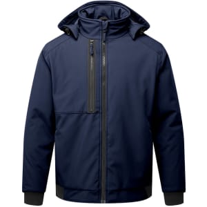 A navy blue insulated softshell jacket with a hood and zippered front pockets. It features a logo on the chest area.
