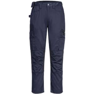 Navy blue eco stretch trade pants featuring multiple pockets and a fitted design, with a branding logo present.