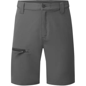 A pair of grey eco-friendly stretch shorts featuring a side zip pocket and a waistband with belt loops.