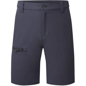 Navy shorts featuring a zippered pocket and a waistband with a button closure. Includes a logo.