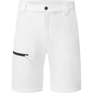 White eco stretch shorts featuring a black zip pocket and a branded logo.