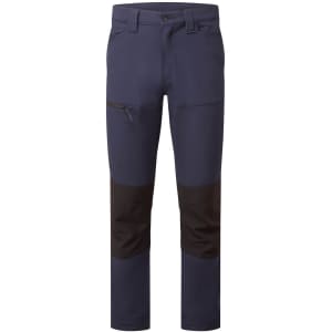 WX2 Eco Stretch Work Pants in navy blue with black panels. Includes zippered pocket and branding.