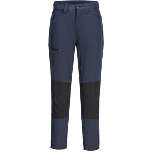 A pair of women's stretch work pants in navy blue with black panel accents and a zippered pocket.