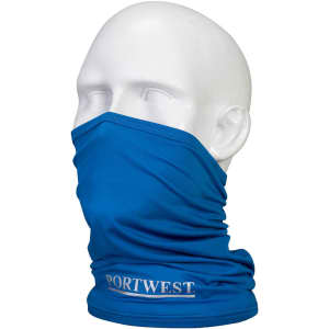 A blue anti-microbial multiway scarf displayed on a white mannequin head. It features a logo on the front.