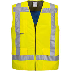 Hi-vis yellow cooling vest with silver reflective strips, featuring multiple pockets and a zip front. Includes a logo.