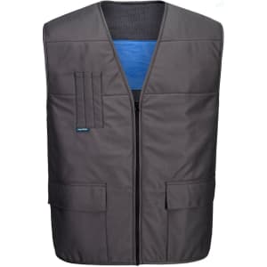 A grey cooling vest with a blue interior, featuring pockets and a front zip closure. It has a logo on it.