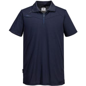 A navy blue short-sleeved polo shirt featuring a zip collar and a logo on the chest.