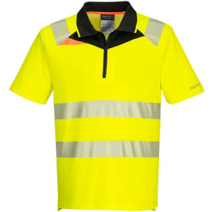 A bright yellow short-sleeve polo shirt with reflective stripes and a zip collar, featuring a black neckline and a logo.