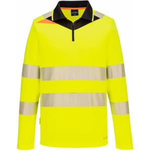 A long-sleeved hi-visibility polo shirt in bright yellow with reflective stripes and a black collar. It features a logo.